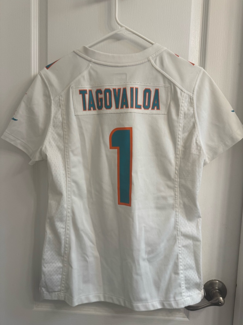 NFL White man Football Jersey with Teal & Orange Number - Tagovailoa #1